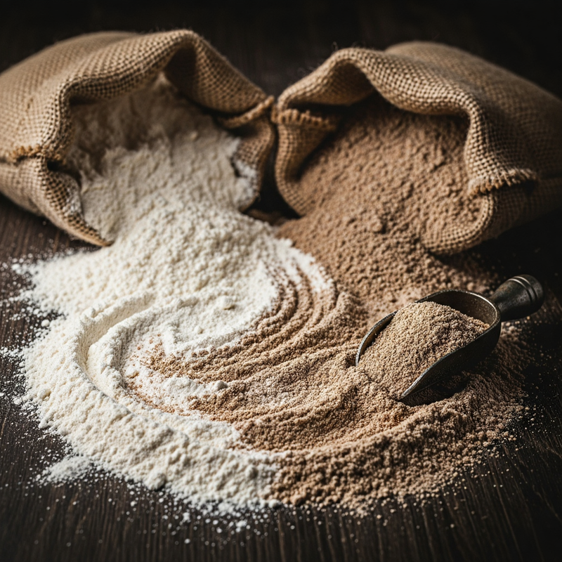 Two burlap sacks spill white and whole wheat flour onto a dark surface, the powders slightly mixing where they meet.